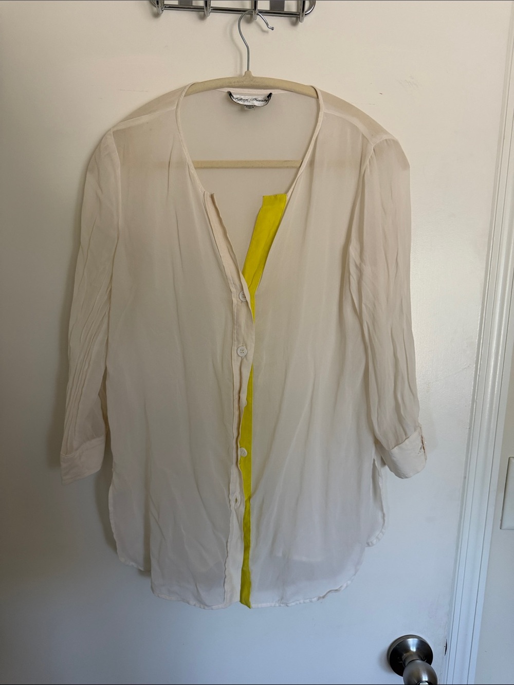 100% Silk Light Cream Button-Front Blouse with Yellow Trim
